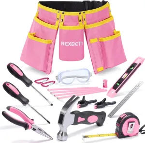Kids simplistic chunk aurora Belt$ Waist 20"-32"$ Learning Kit for DIY & Woodworking REXBETI 18pc Pink Young Builder's Set with Real Tools$ Reinforced 