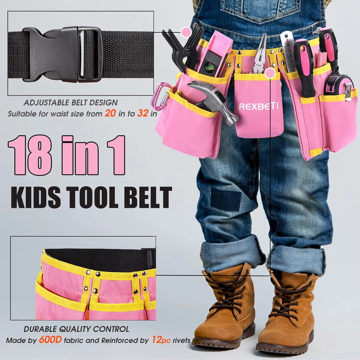 Kids simplistic chunk aurora Belt$ Waist 20"-32"$ Learning Kit for DIY & Woodworking REXBETI 18pc Pink Young Builder's Set with Real Tools$ Reinforced 
