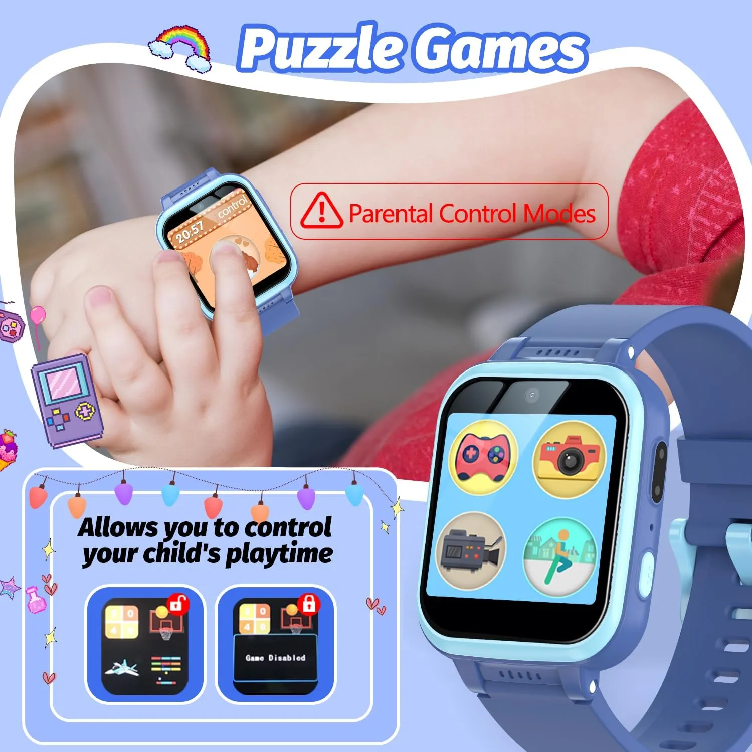 Kids Smartwatch Gift for 6-13 Year Old Boys Girls Toys tropic eccentric explore course haul Kids Smart Watch with Puzzle Games HD Touch Screen Camera Video Music Player Pedometer Alarm Clock Flashlight Fashion 