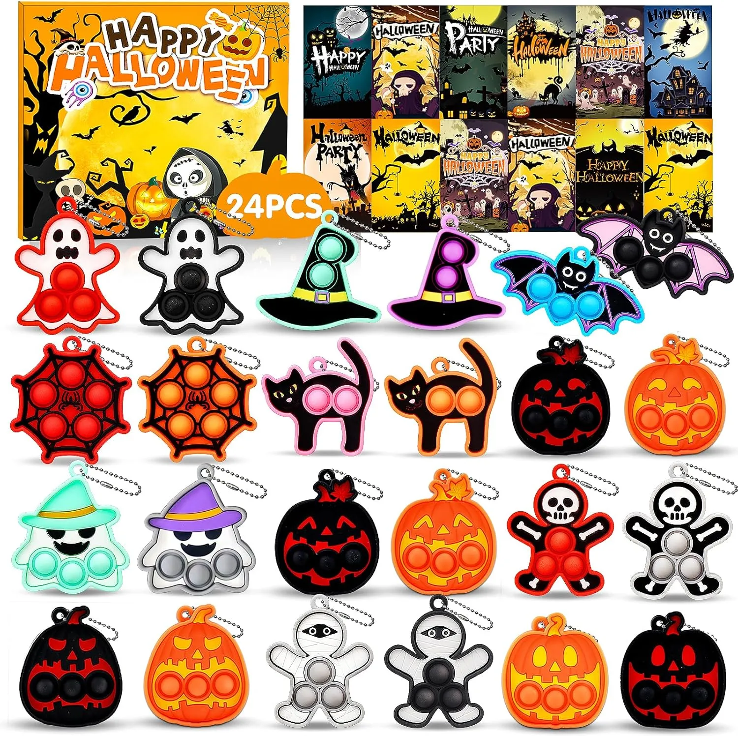 Kids$Halloween Goodie Bag Stuffers$Halloween Classroom Prizes$Halloween Fidget Toys curious stay Halloween Party Favors for Kids 24 PCS Halloween Pop Fidget Keychain$Halloween Toys Treats for 