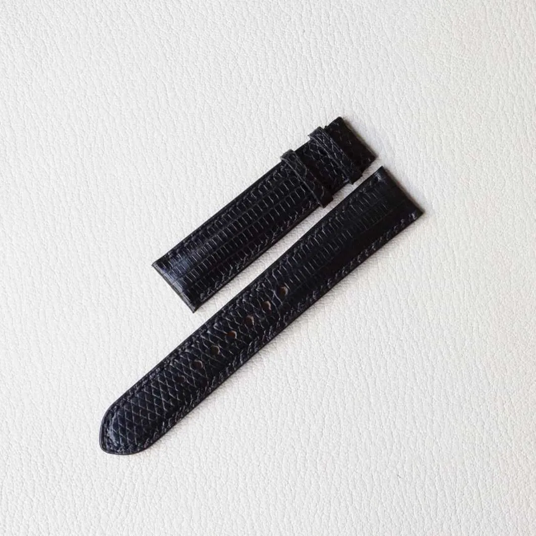 leather artificial five pine watch band, Handmade Lizard watch strap (16mm, Steel Folding Clasp) Black Lizard 
