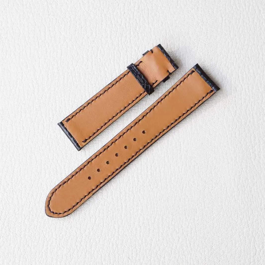 leather artificial five pine watch band, Handmade Lizard watch strap (16mm, Steel Folding Clasp) Black Lizard 