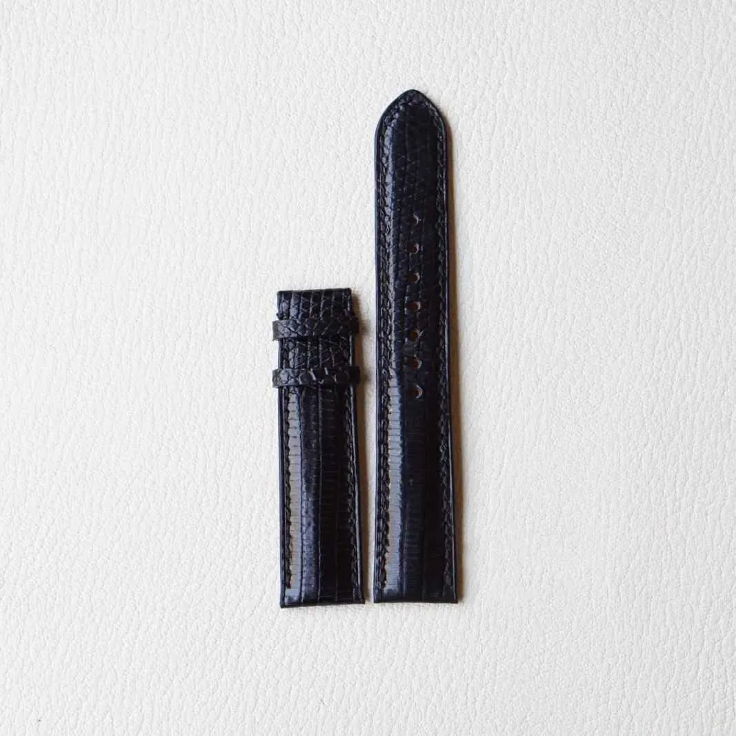 leather artificial five pine watch band, Handmade Lizard watch strap (16mm, Steel Folding Clasp) Black Lizard 