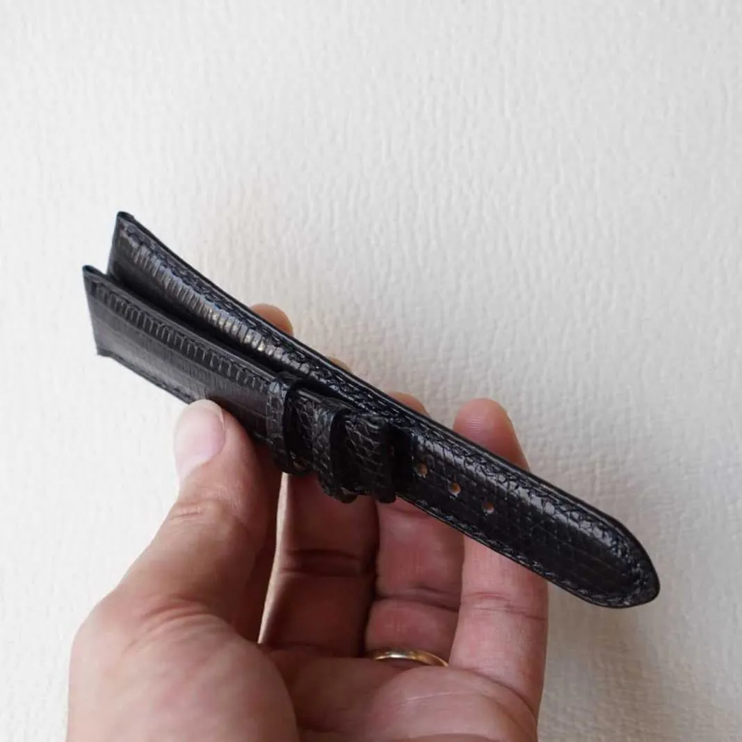 leather artificial five pine watch band, Handmade Lizard watch strap (16mm, Steel Folding Clasp) Black Lizard 