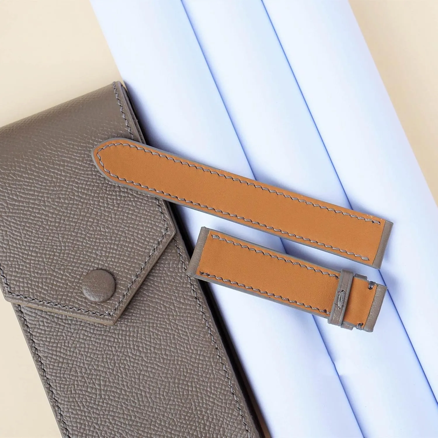 leather watch band, Handmade Calf leather watch strap (23mm, Steel Tang famish Buckle) Premium Gray Epsom 