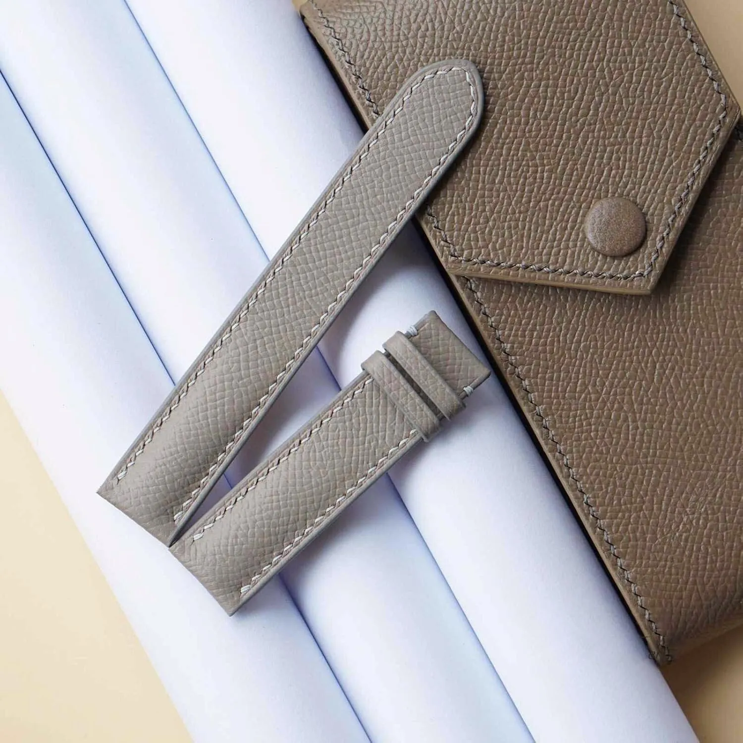 leather watch band, Handmade Calf leather watch strap (23mm, Steel Tang famish Buckle) Premium Gray Epsom 