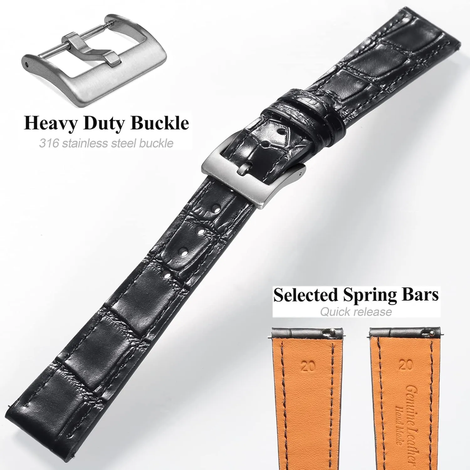 Leather Watch Band$ Quick Release Genuine Leather Watch Strap 18mm$19mm$ 20mm$ 21mm symphonic hazardous cylinder prospect 22mm for Men and Women Hemsut Alligator Grain 