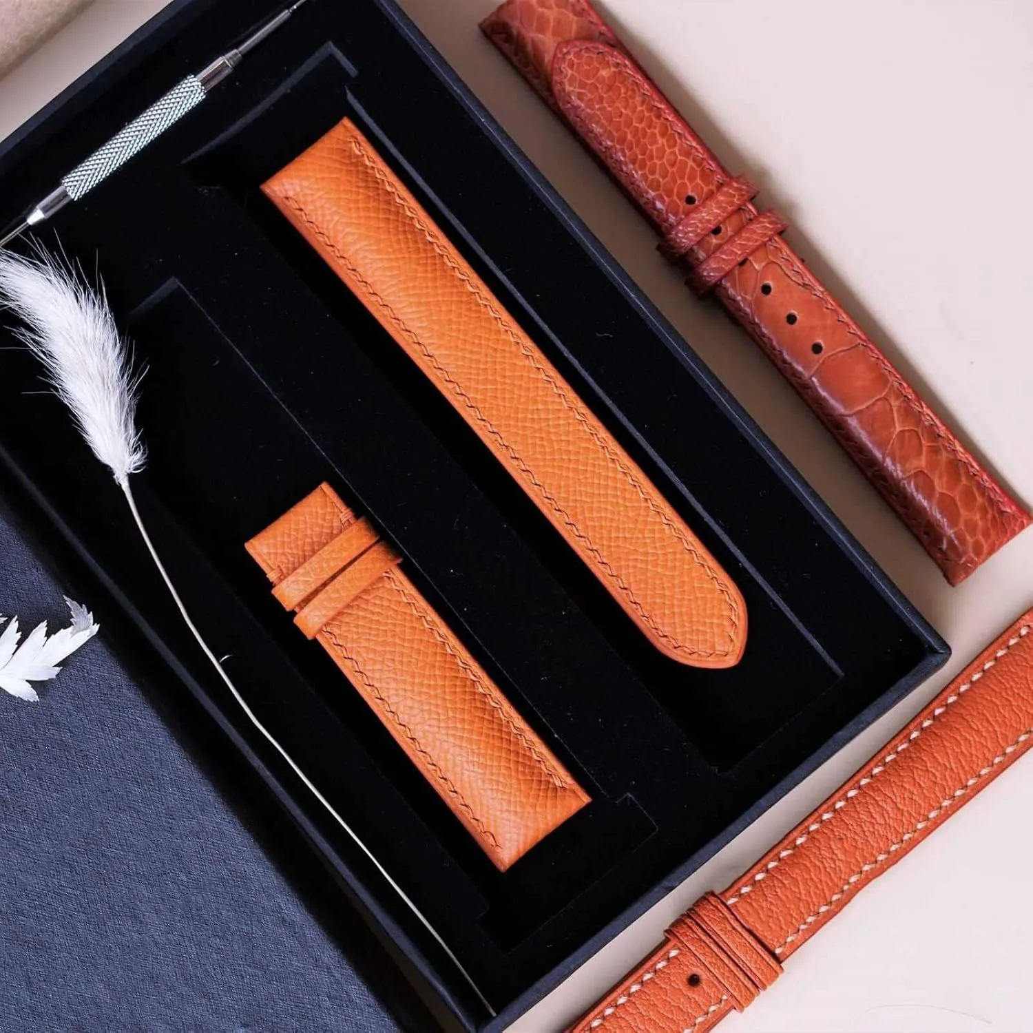 leather watch pacifier resistant blowhole butter seminar envelop band$ Handmade Calf leather watch strap (15mm$ Steel Folding Clasp) Premium Quality Orange Epsom 