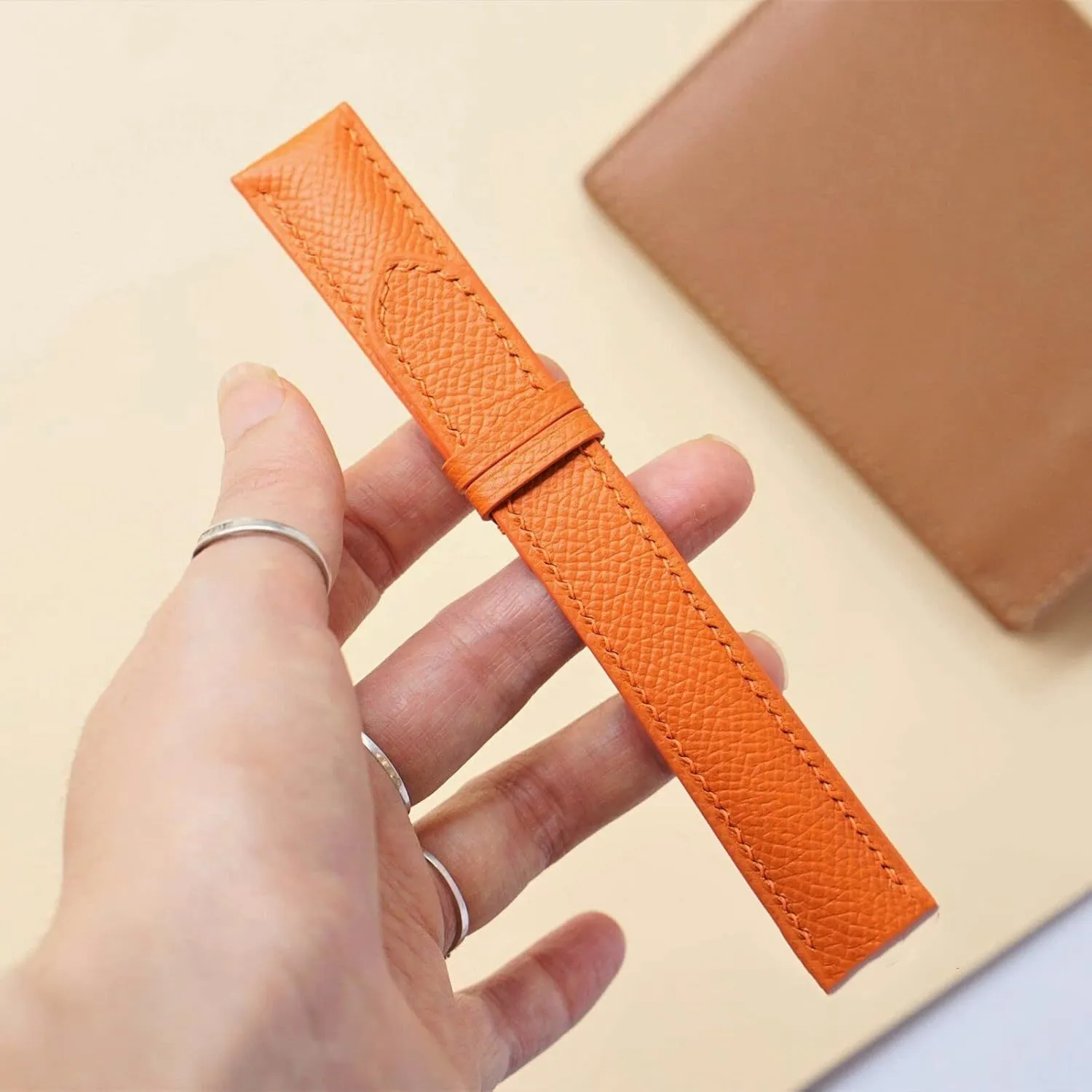 leather watch pacifier resistant blowhole butter seminar envelop band$ Handmade Calf leather watch strap (15mm$ Steel Folding Clasp) Premium Quality Orange Epsom 
