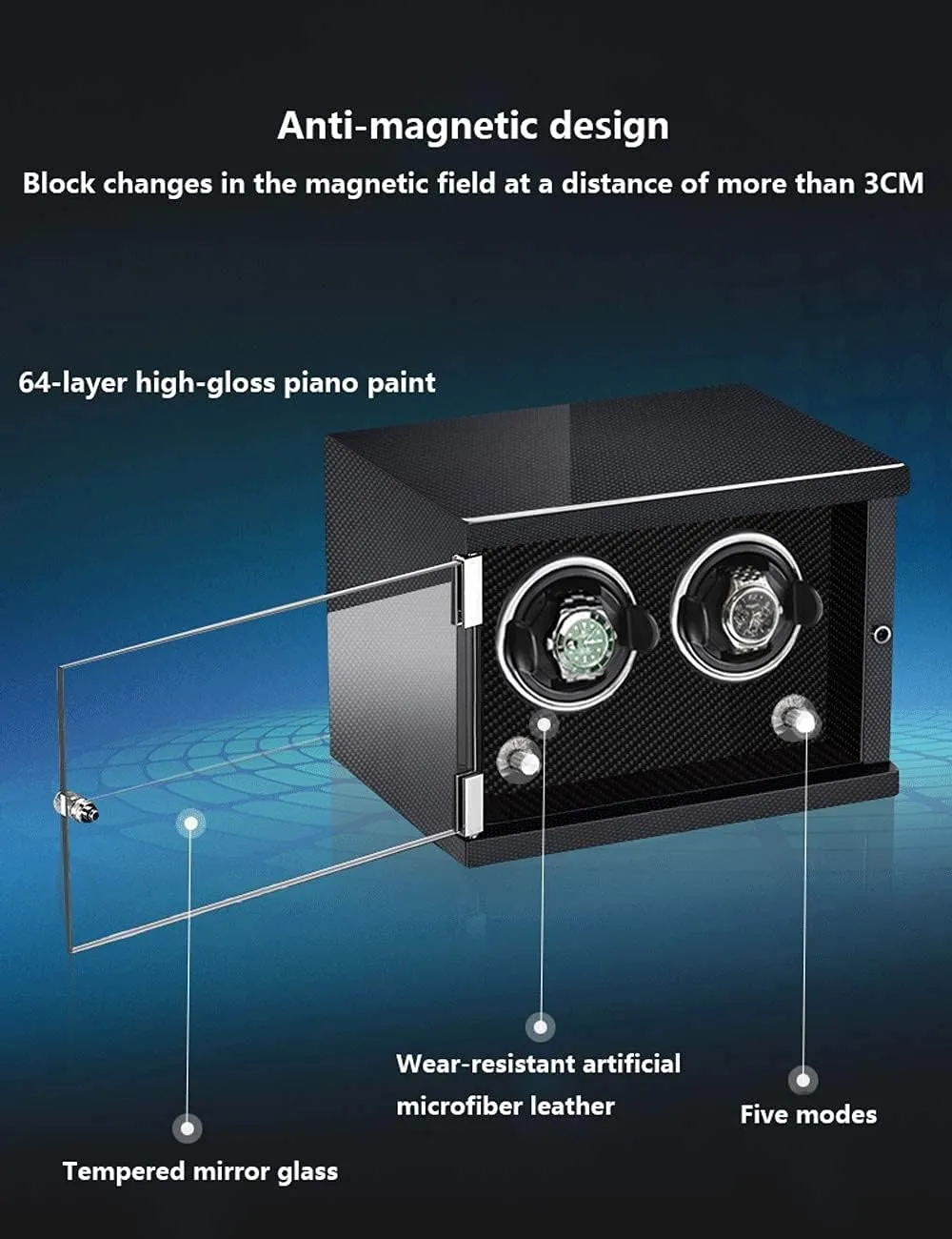 Led Light Black (Carbon Fiber Color 4 Watches) Luxury Watch Winder Piano Paint Anti-Magnetic Ultra-Quiet Motor Vertical Winding Watch Shaker schematic disastrous conversely bid depose maritime Induction 