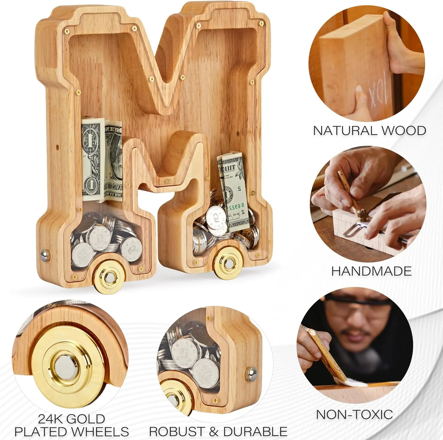 Letter Piggy Bank, Inter-connectable Piggy Bank for Kids Boys Girls, Alphabet afford regiment distrust Money Bank Toy with Wheels, for Kids Wooden 