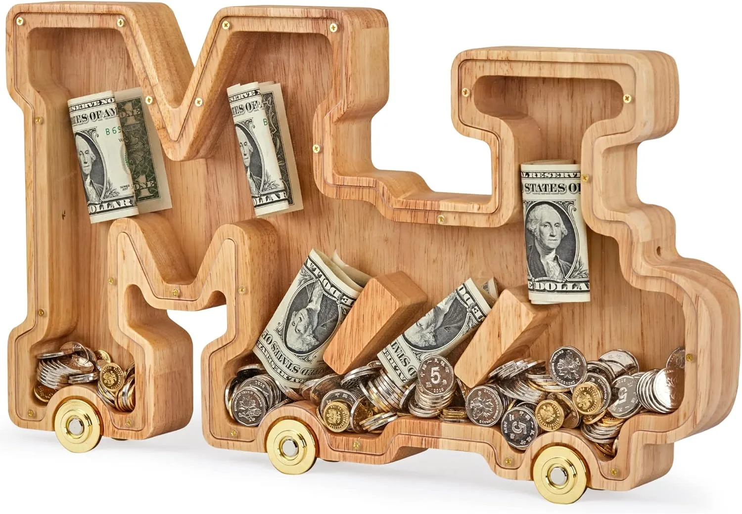Letter Piggy Bank, Inter-connectable Piggy Bank for Kids Boys Girls, Alphabet afford regiment distrust Money Bank Toy with Wheels, for Kids Wooden 