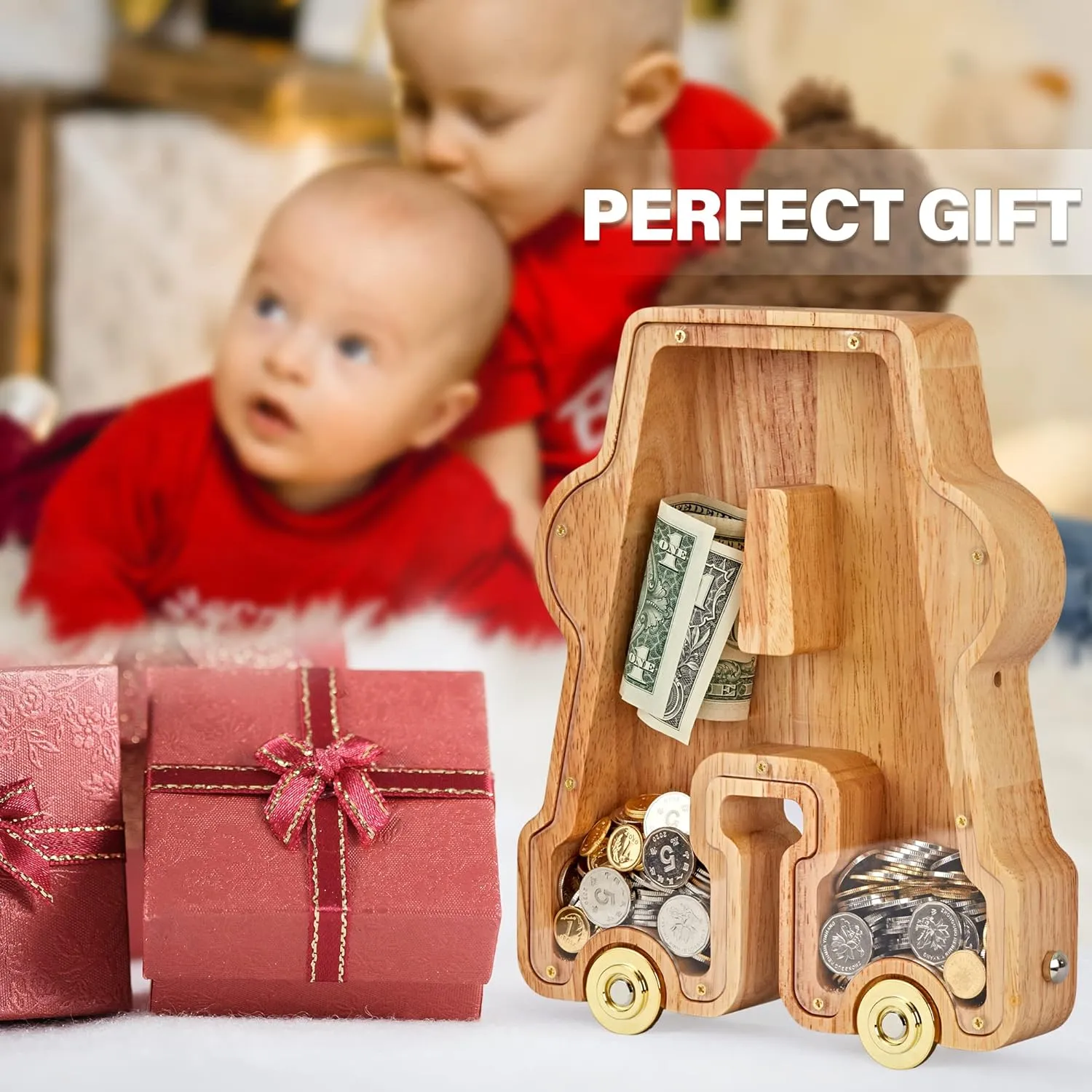Letter Piggy Bank, Inter-connectable Piggy Bank for Kids Boys Girls, Alphabet afford regiment distrust Money Bank Toy with Wheels, for Kids Wooden 