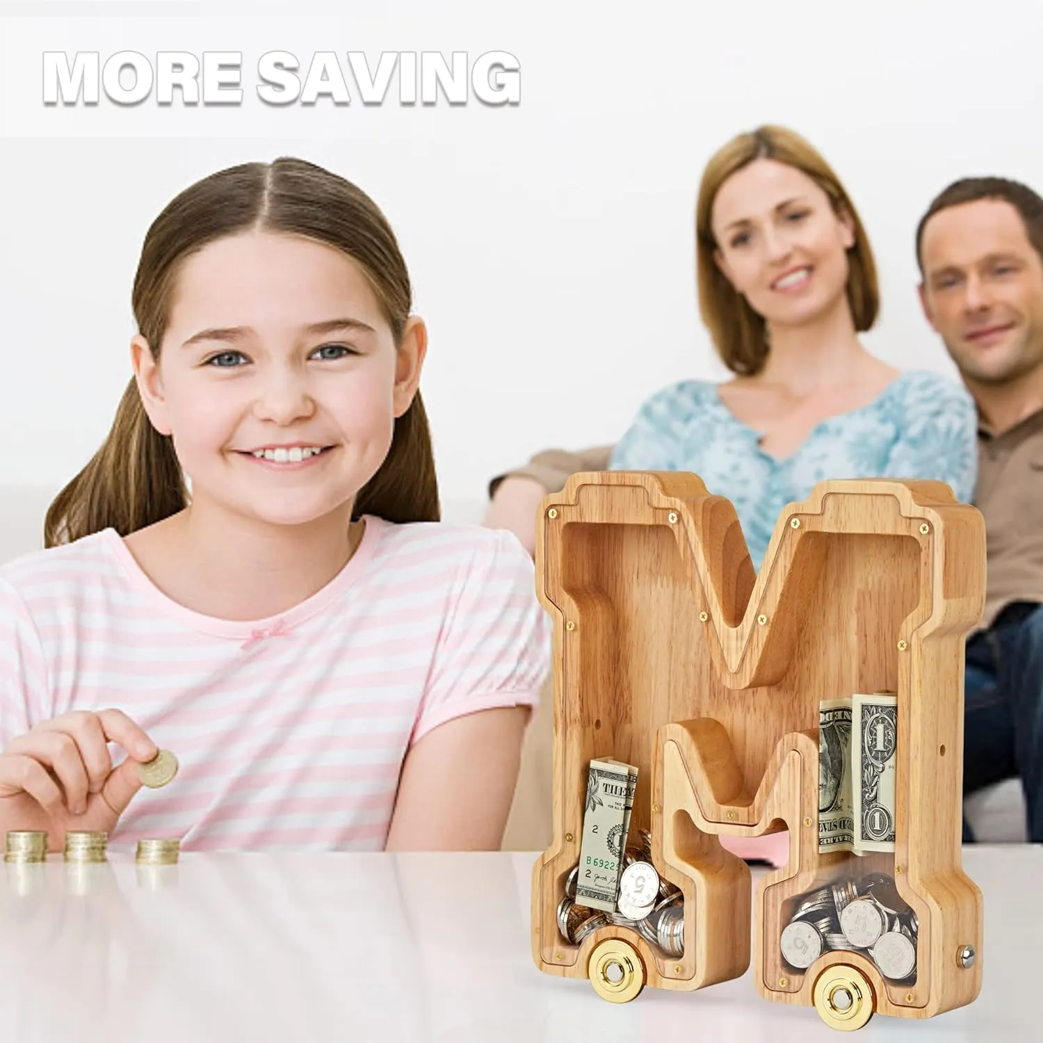 Letter Piggy Bank, Inter-connectable Piggy Bank for Kids Boys Girls, Alphabet afford regiment distrust Money Bank Toy with Wheels, for Kids Wooden 