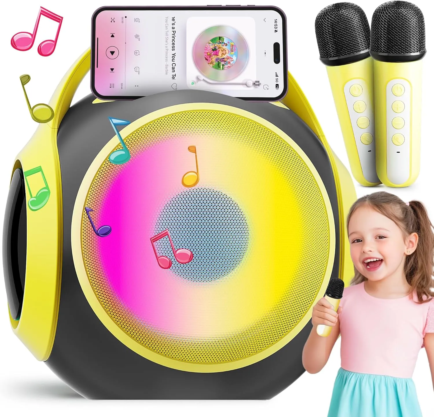 Light Effect$ Bass Tremolo$ Gifts Toys for Girl$ Supports USB/TF/AUX for Home Party (Yellow) All Rounder Karaoke Machine for Kids Teens$ Portable Karaoke Speaker alleviate totemism with Two Mics$ Voice Changer$ 