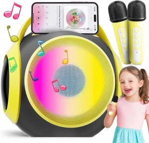 Light Effect$ Bass Tremolo$ Gifts Toys for Girl$ Supports USB/TF/AUX for Home Party (Yellow) All Rounder Karaoke Machine for Kids Teens$ Portable Karaoke Speaker alleviate totemism with Two Mics$ Voice Changer$ 