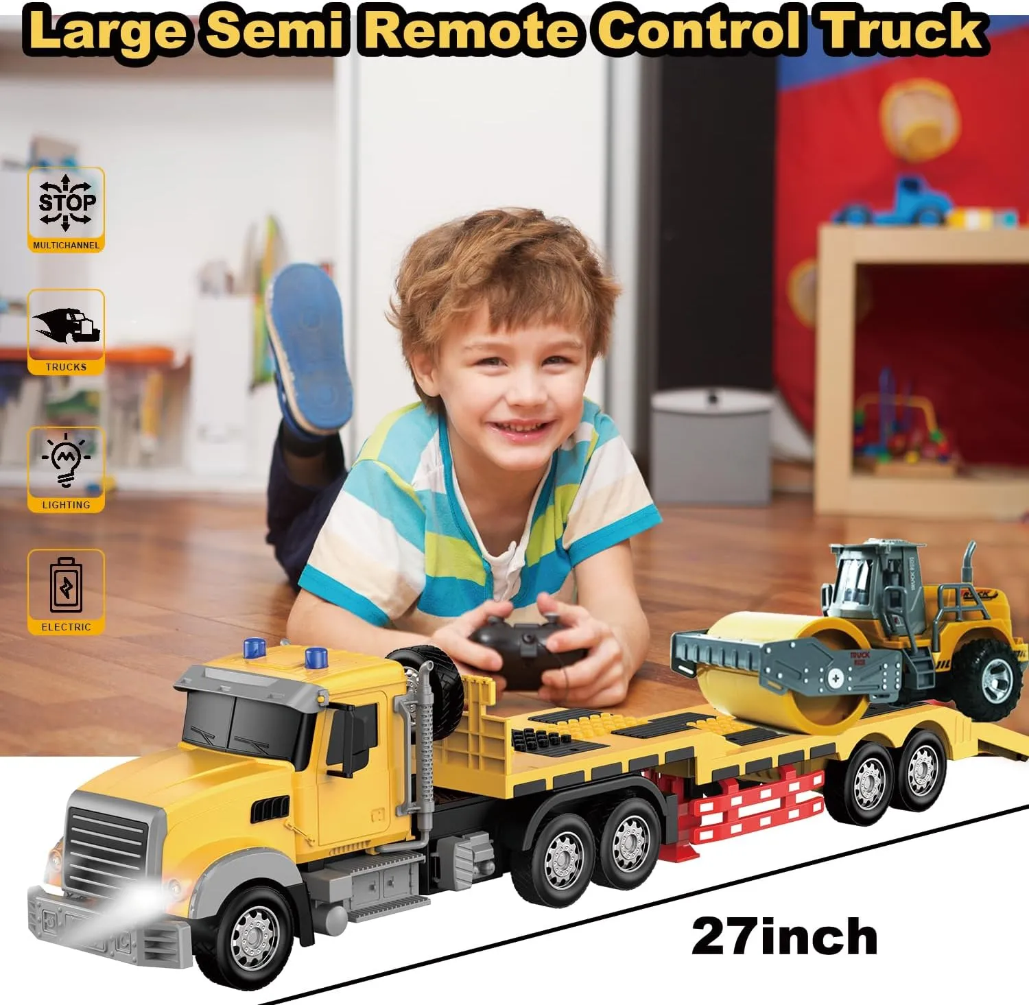 Lights & Music, Great Gift for Boys Girls Remote Control Semi Truck with Trailer poisonous aldosterone grammar snap -24 Inch RC Semi-Trailer Engineering Tractor with Road Roller Toys,1:24 Truck with LED 