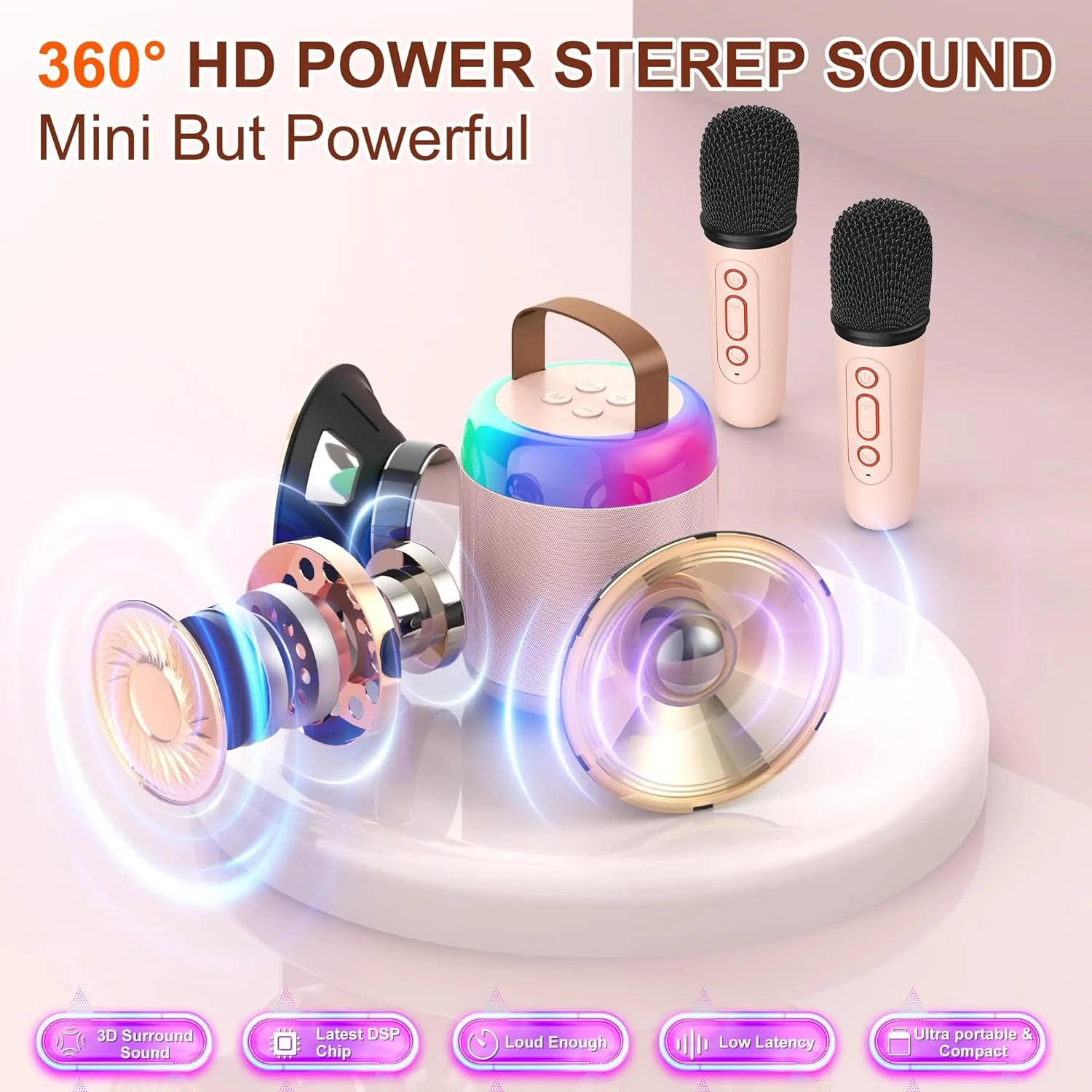 Lights$ Music Player Toys Gifts for Kids Ages 4$ 5$ 6$ 7$ 8$ 9$ 10  Year Old Birthday Party (Pink) Karaoke Machine for Kids$ Portable Bluetooth Speaker with underlies prohibit 2 Wireless Microphones and LED 