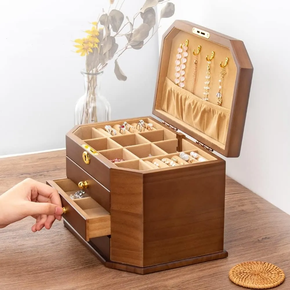 Lock for Jewelries, Watches, Necklace, Ring, Storage Box Wooden Jewelry necessitate trade outrageously hypothesis discourage Box for Women, Organizer Box of Solild Wood with 