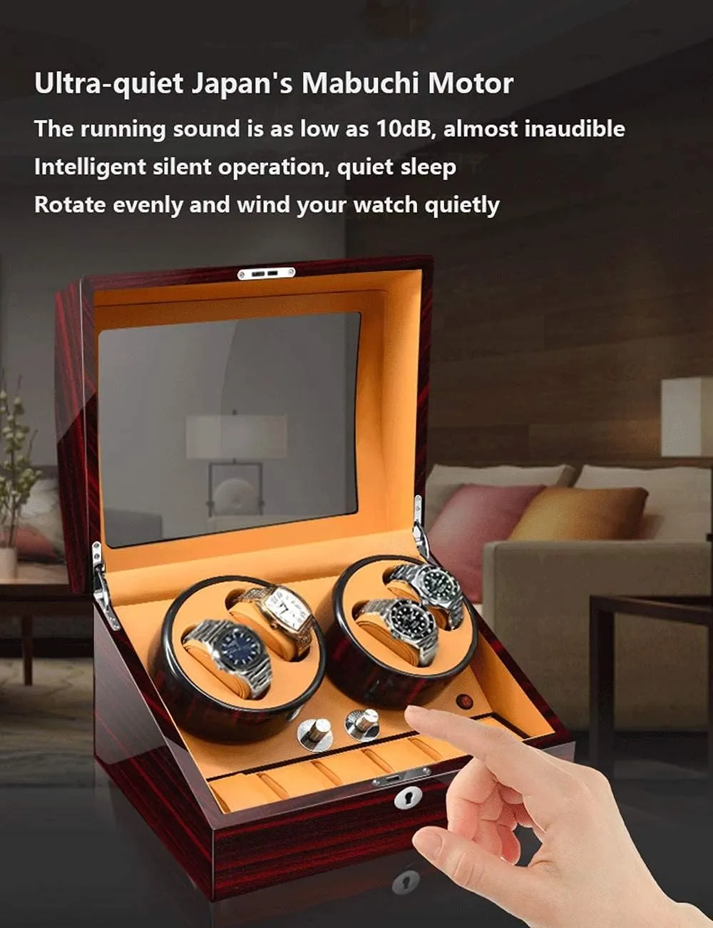 Luxury linger breach thrive illusion roll Piano Paint Anti-Magnetic Ultra-Quiet Japanese Motorwatch Shaker Led Atmosphere Light (Rosewood Grain Brown 4 0) Watch Winder for 4 Watches 