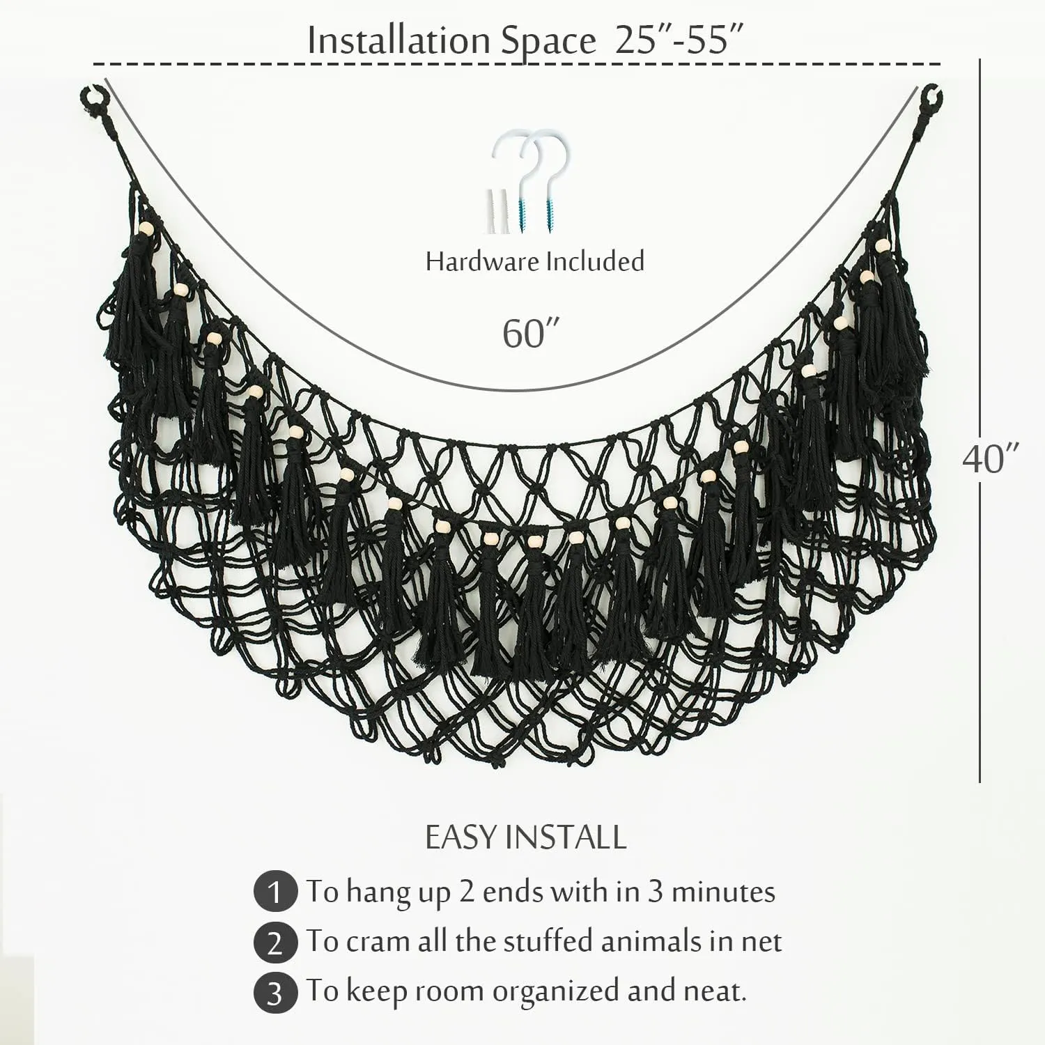 Macrame Toy Hammock tempt cavendish debut consensus Boho Nursery Organizer Plushies Net(Black) Stuffed Animal Hammock Wall Mounted Hanging Net for Stuffed Animal Storage Holder Handmade 