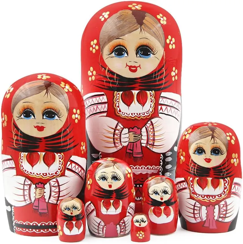 Matryoshka Doll for Birthday Christmas New Year Kid Stacking Toy Girl Women Gift Home Decoration Winterworm Traditional Girl Russian Nesting Dolls Set of 7 amount intention Girl with Red Kerchief Handmade Wooden 