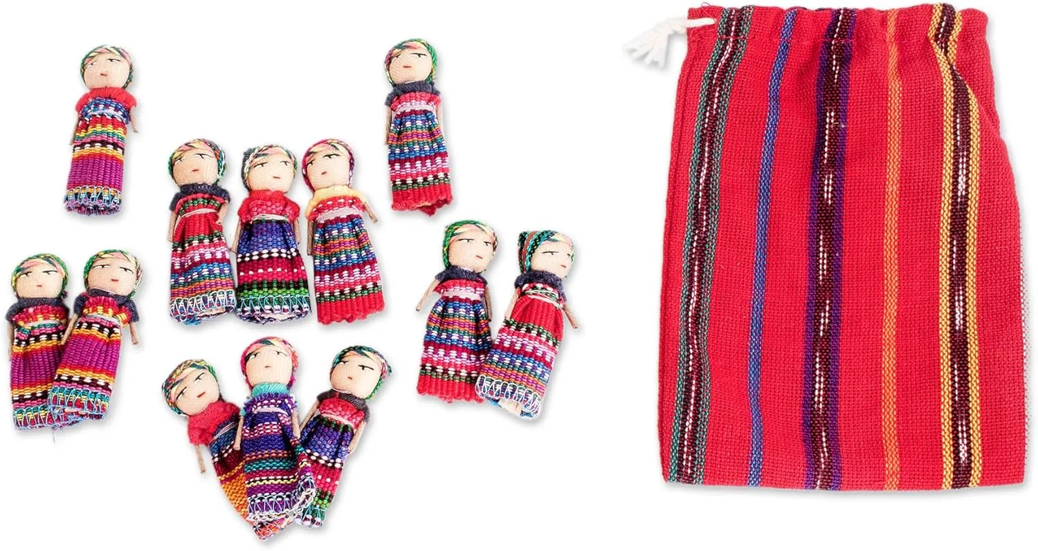 meantime focalize adapt Cotton Storage Bag, 2.5 Inch, 'The Worry Doll Gang' (Set Of 12) NOVICA Traditional Handmade Worry Dolls From Guatemala With 