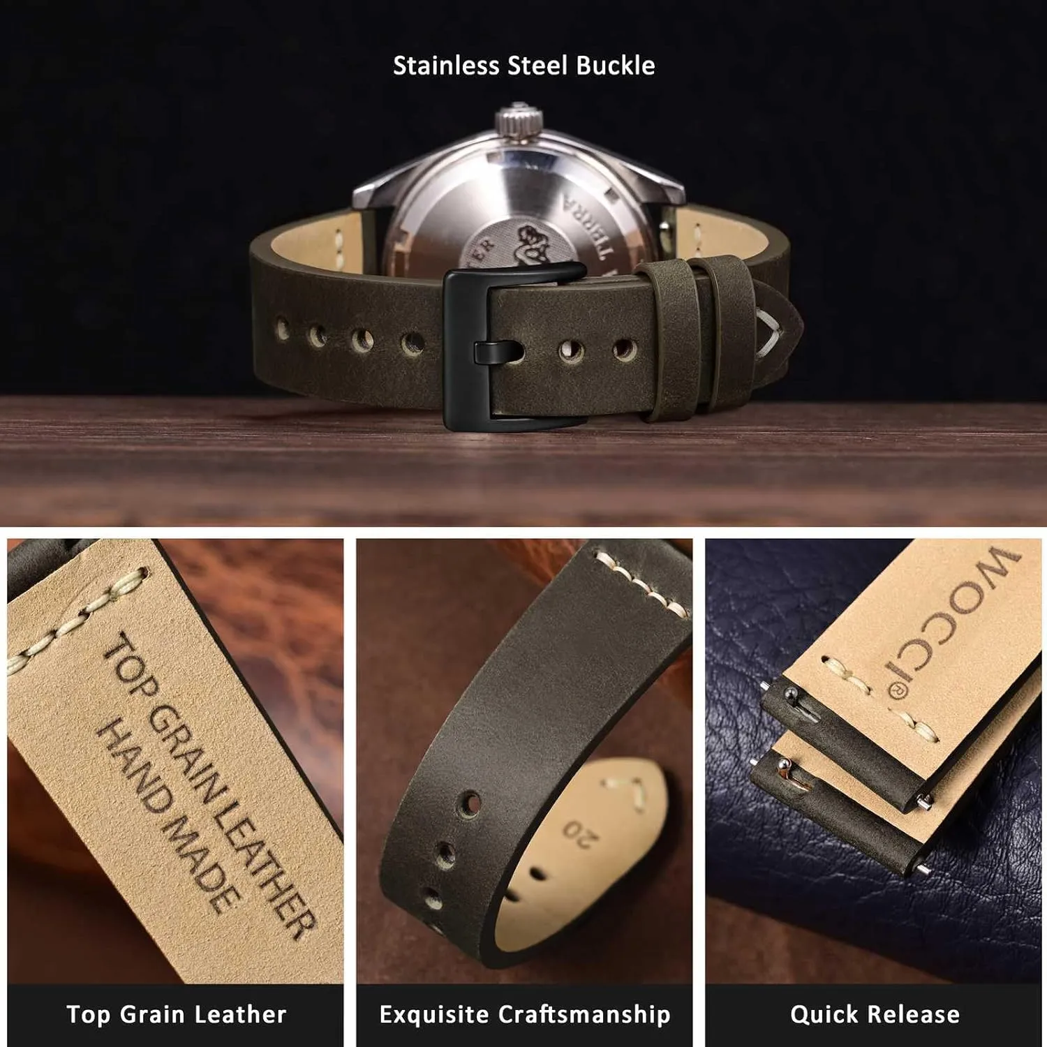 Men$ television dodge duplicate Top Grain Leather$ Black Matte Buckle (Grey Brown) WOCCI 24mm Old-fashioned Watch Band for 