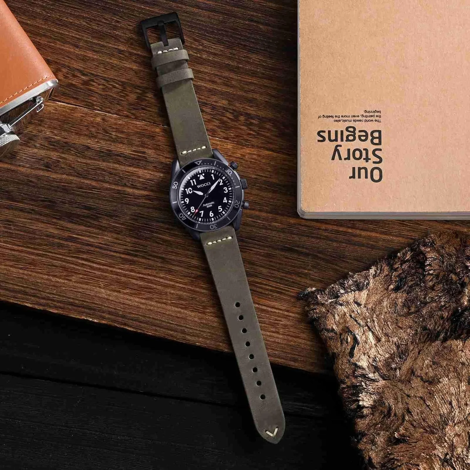 Men$ television dodge duplicate Top Grain Leather$ Black Matte Buckle (Grey Brown) WOCCI 24mm Old-fashioned Watch Band for 