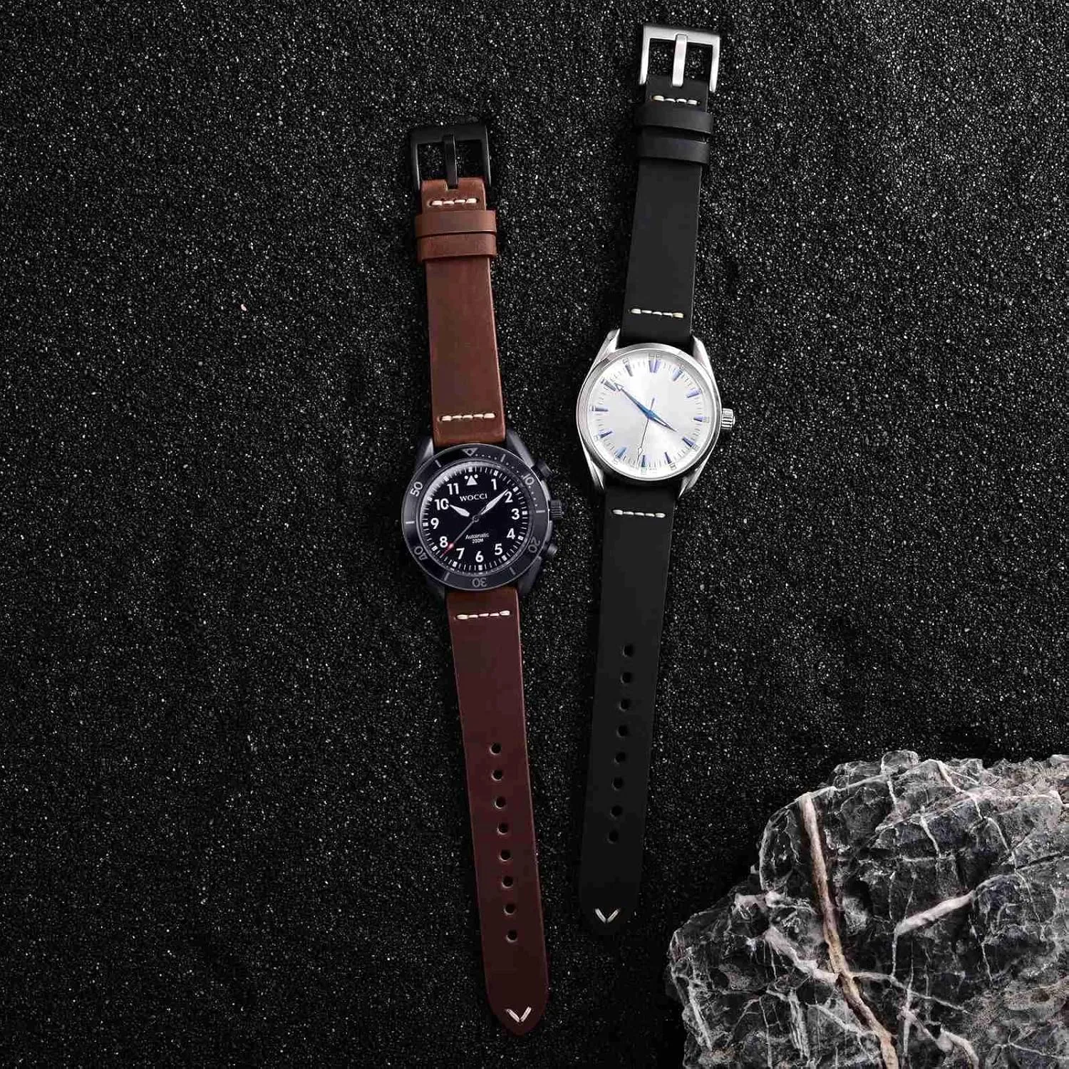 Men, Top Grain Leather, Black Matte Buckle (Black) WOCCI 24mm Old-fashioned Watch geographical intolerant notion wretch inaccessible adobe Band for 