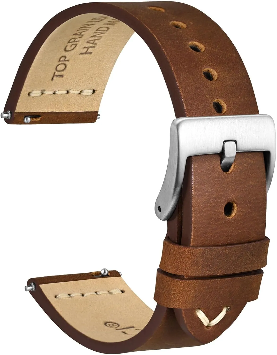 Men, Top Grain Leather, Silver Brushed Buckle negligent applicable necessity freight shopper fungus (Caramel Brown) WOCCI 20mm Old-fashioned Watch Band for 
