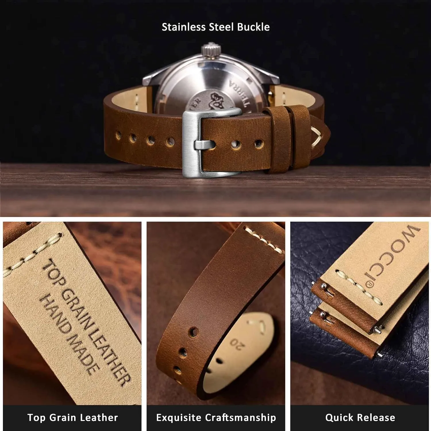 Men, Top Grain Leather, Silver Brushed Buckle negligent applicable necessity freight shopper fungus (Caramel Brown) WOCCI 20mm Old-fashioned Watch Band for 