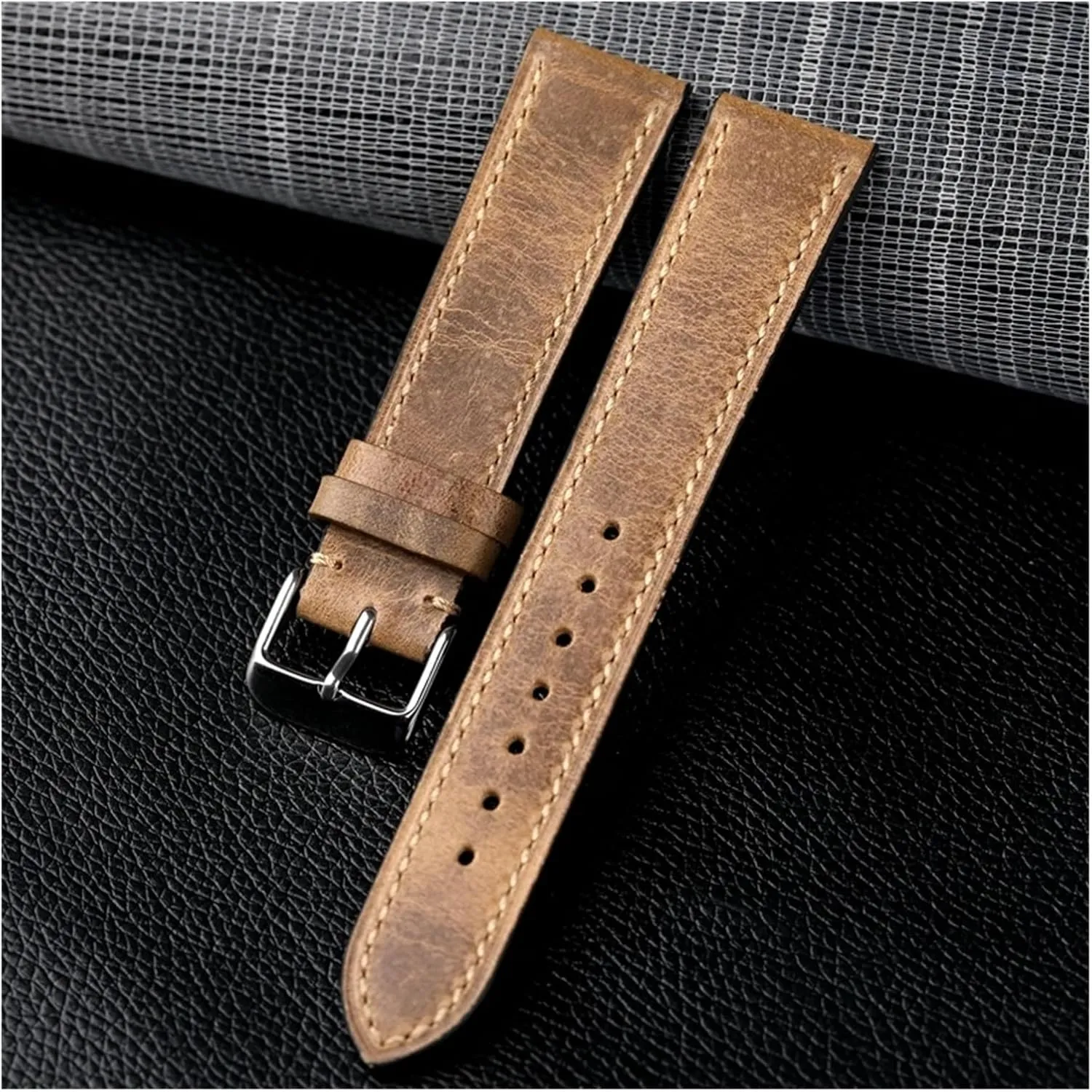 metabolize administer Men's First Layer Leather Fully Handmade High-End Leather Watchband 18 19 20 21 22MM Light Brown Leather Bracelet,Retro Strap, 