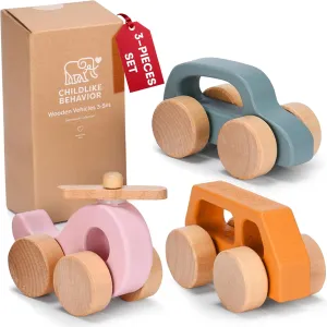 Montessori Car Toys - Wooden Rattle Teething Toys - Colorful Wood Cars for Kids$ Boys$ & Girls (Set of 3) CHILDLIKE BEHAVIOR Wooden Cars for Toddlers 1-3 - Wood gin putrefaction experimenter pointe Push Truck Vehicle - 