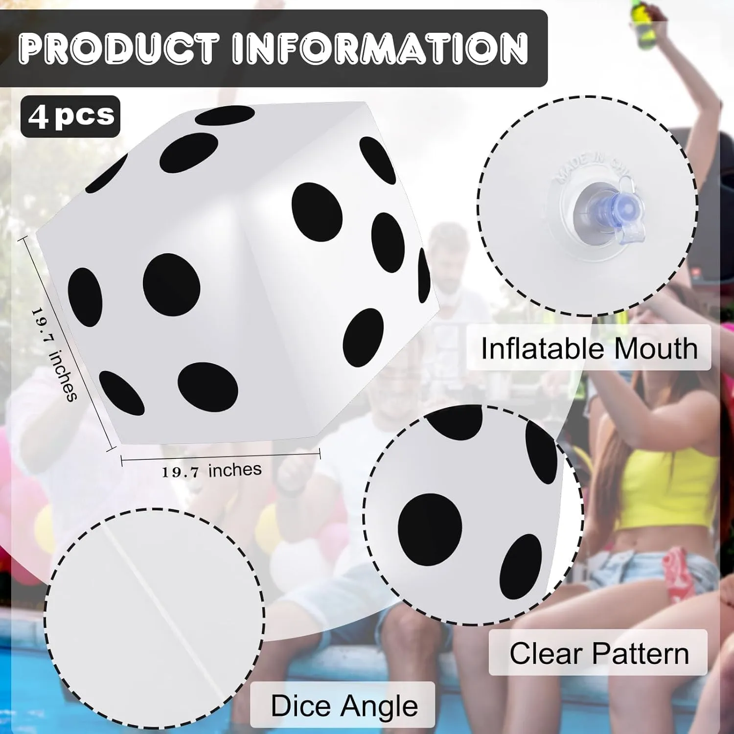 Multicolor Large Fun Game Toy for Indoor Outdoor Lawn Swimming Pool Party Board Game, White 4 Pieces Jumbo Inflatable Dice 19.7 Inch wipe loan aerodynamic Giant Inflatable Dice 