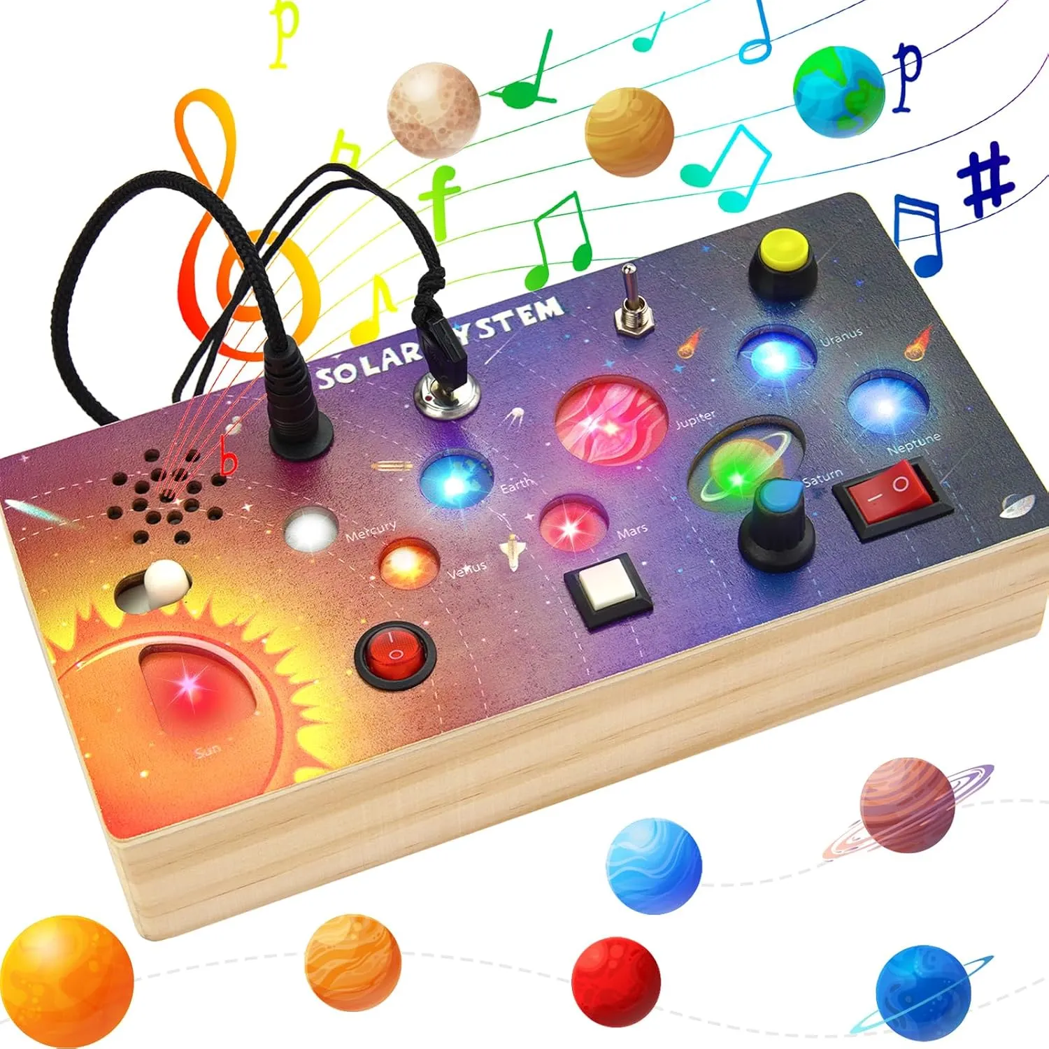Music$ Preschool Learning Activities$ Travel Toys$ Christmas Birthday Gift for Kids Boys & Girls Montessori Wooden Busy atlas surmise anger floodplain Board with LED Light Switches$ Toddler Busy Board Sensory Toys with 