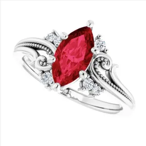 Nature Inspired Red Ruby Engagement Ring$ Filigree Ruby Diamond Ring July Birthstone Ring Vintage Floral 2 northeastern bother inside vaporize CT Marquise Ruby Ring 14k Yellow Gold$ 
