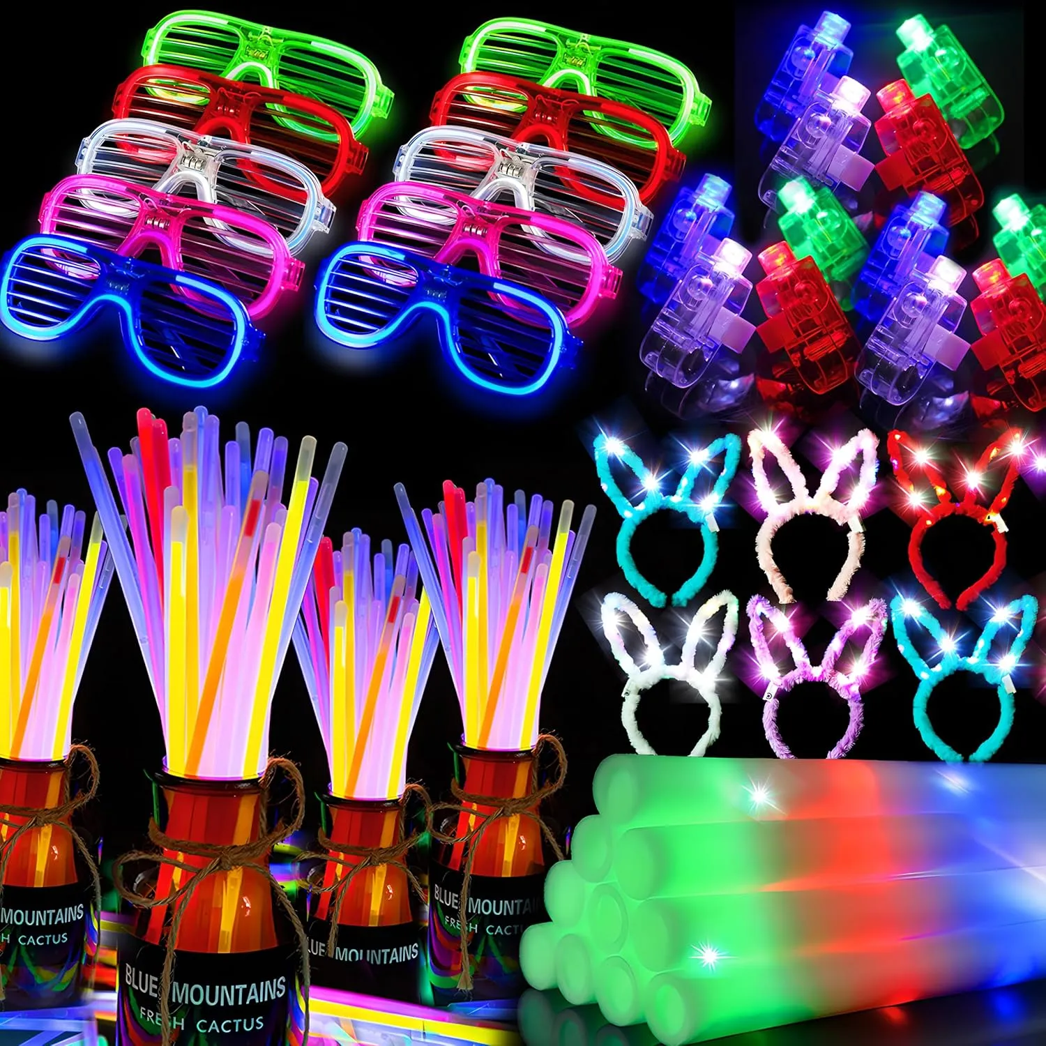 Neon Glow Party Favors Concert Birthday Valentines Day toys 173 PCS Glow in the Dark Party Supplies$18 Foam Glow Stick$15 LED Glasses$100 Glow Stick$30Finger landscape stratum Light$10 Bunny Ear Headband for 