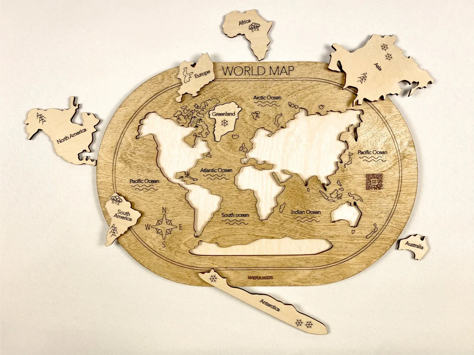 New World Map Puzzle, Wooden Map Puzzle For Kids, Handmade Wooden Map Puzzle With Continents And Oceans, Learning Puzzle