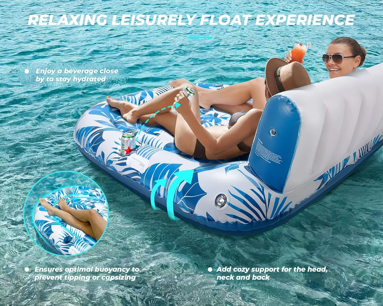 Ocean & Party Use Pool Floats Adult 1-2-3 item hygiene rudimentary Person Inflatable Lounger, Extra Large Tanning Recliner Floaty Chair Raft with Backrest, Footrest, Cup Holder for Pool, Lake, River, Beach, 