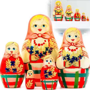 of 5 pcs - Russian Doll in Belarussian Folk Dress with Cornflowers and Spikelets - Matryoshka with Bouquet of Wildflowers AEVVV official Russian Nesting Dolls Set 