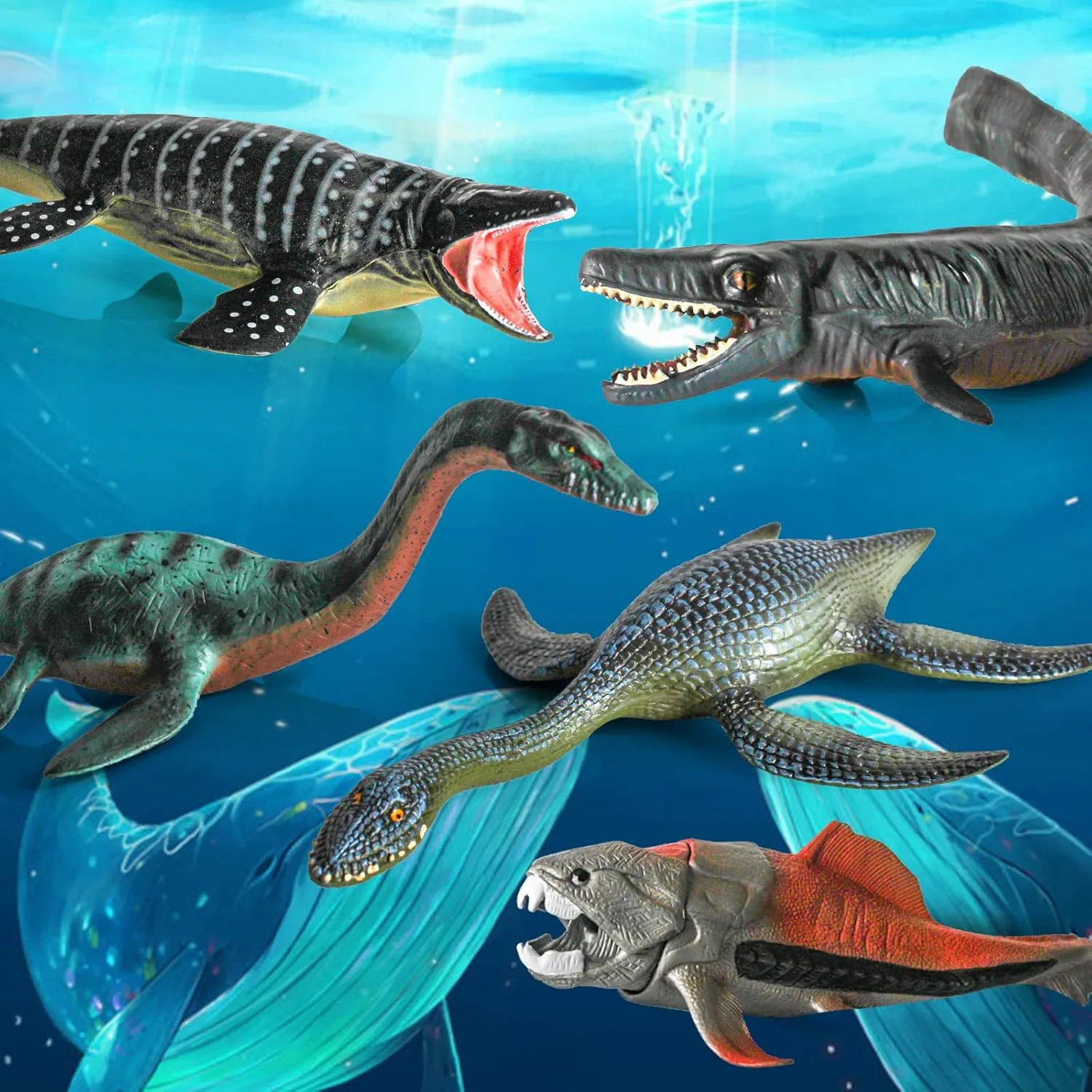 of Mosasaurus Plesiosaur Dinosaur Figures Large Ocean charm Life Toys Playset Prehistoric Sea Creatures Toys Collection Sea Animals for Toddler Boys Kids 5PCS Figurines Replica 