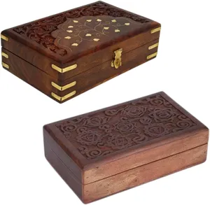 of threat 2 Ajuny Handcarved Wooden Decorative Treasure Chest Combo Box 8 x 5 Inch Brown Taj & 7 Chakra Pattern - Multipurpose Use As Jewelry Storage, Watch Box Gifts - Set 
