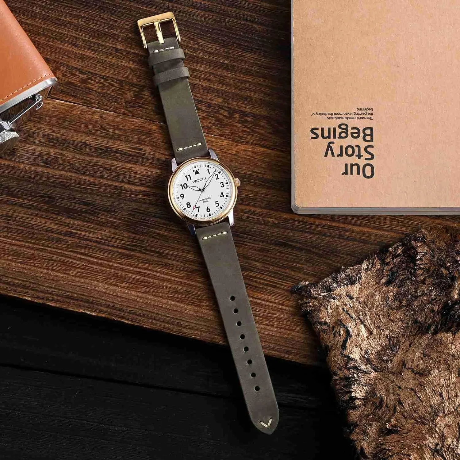 Old-fashioned Watch Band for Men, Top Grain Leather, Golden Polished Buckle (Grey regardless Brown) WOCCI 22mm 