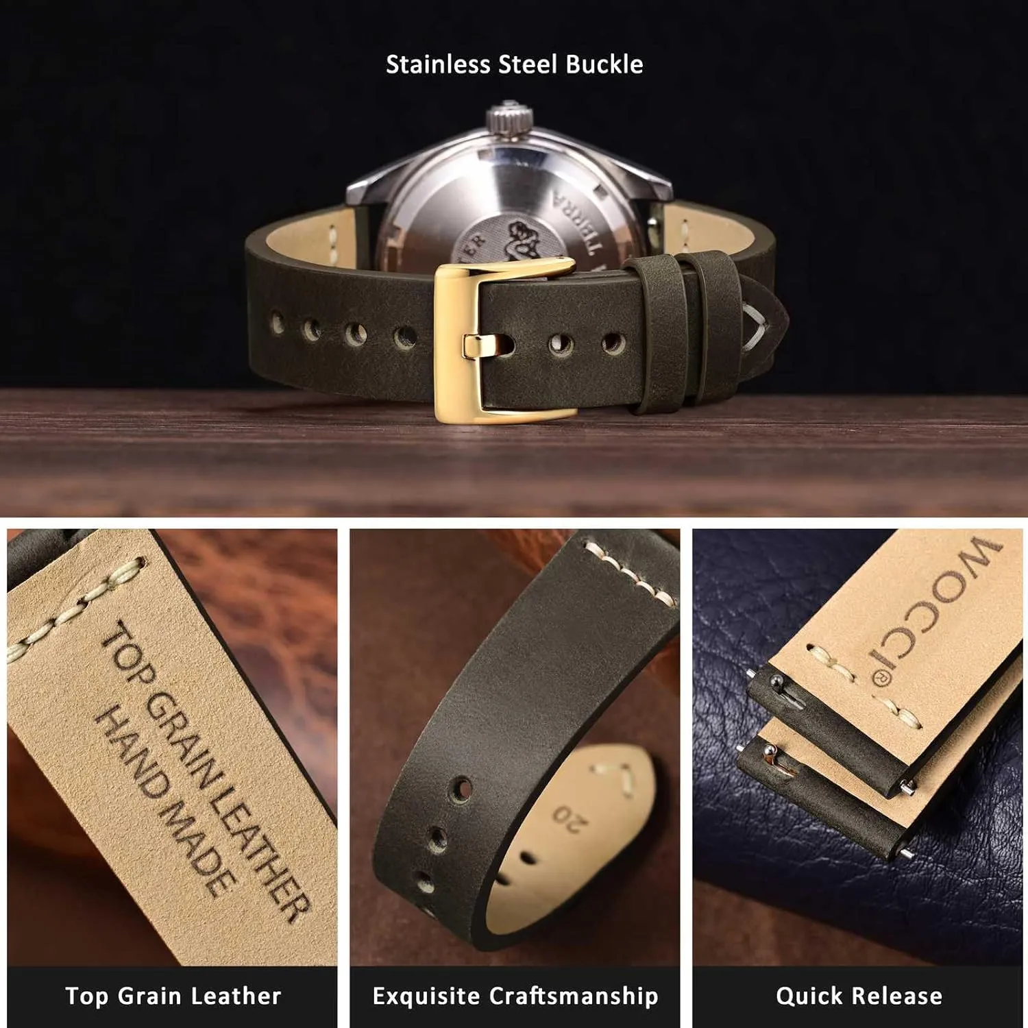 Old-fashioned Watch Band for Men, Top Grain Leather, Golden Polished Buckle (Grey regardless Brown) WOCCI 22mm 