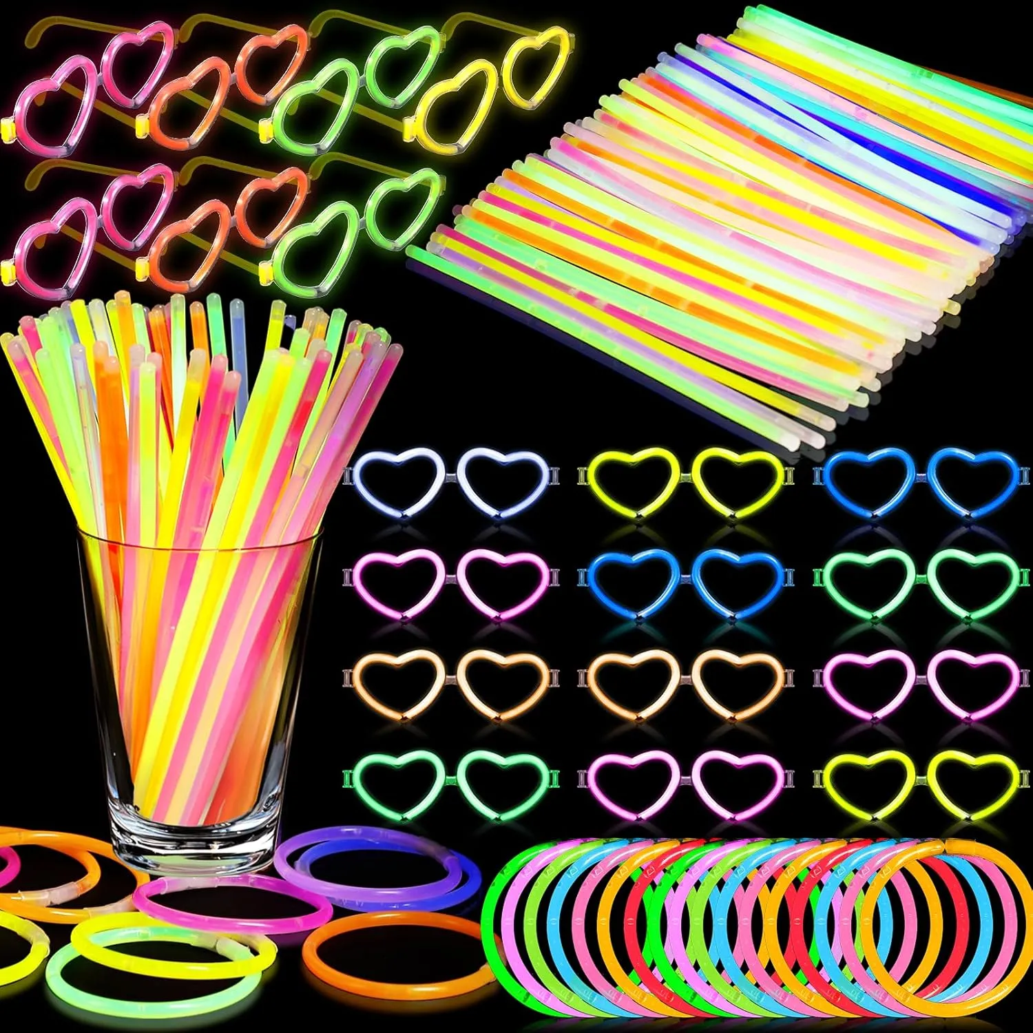 Party Favor$Glow Glasses with 100 8" Glow Sticks Bulk & Connectors$20 Glasses Mode recrystallize for 20 Glow Heart Glasses 60 Glow Bracelet$8" Glowstick Neon Glow Toys for Kids & Adults 120Pack Glow in the Dark 