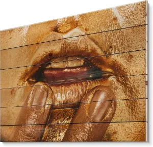 People Wood Wall Panels Printed On Natural Pine Wood Art Close Up Of Woman Lips With Bright Golden Makeup I Modern & Contemporary Wood weave Wall Decor, Orange Wood Wall Art, Large 