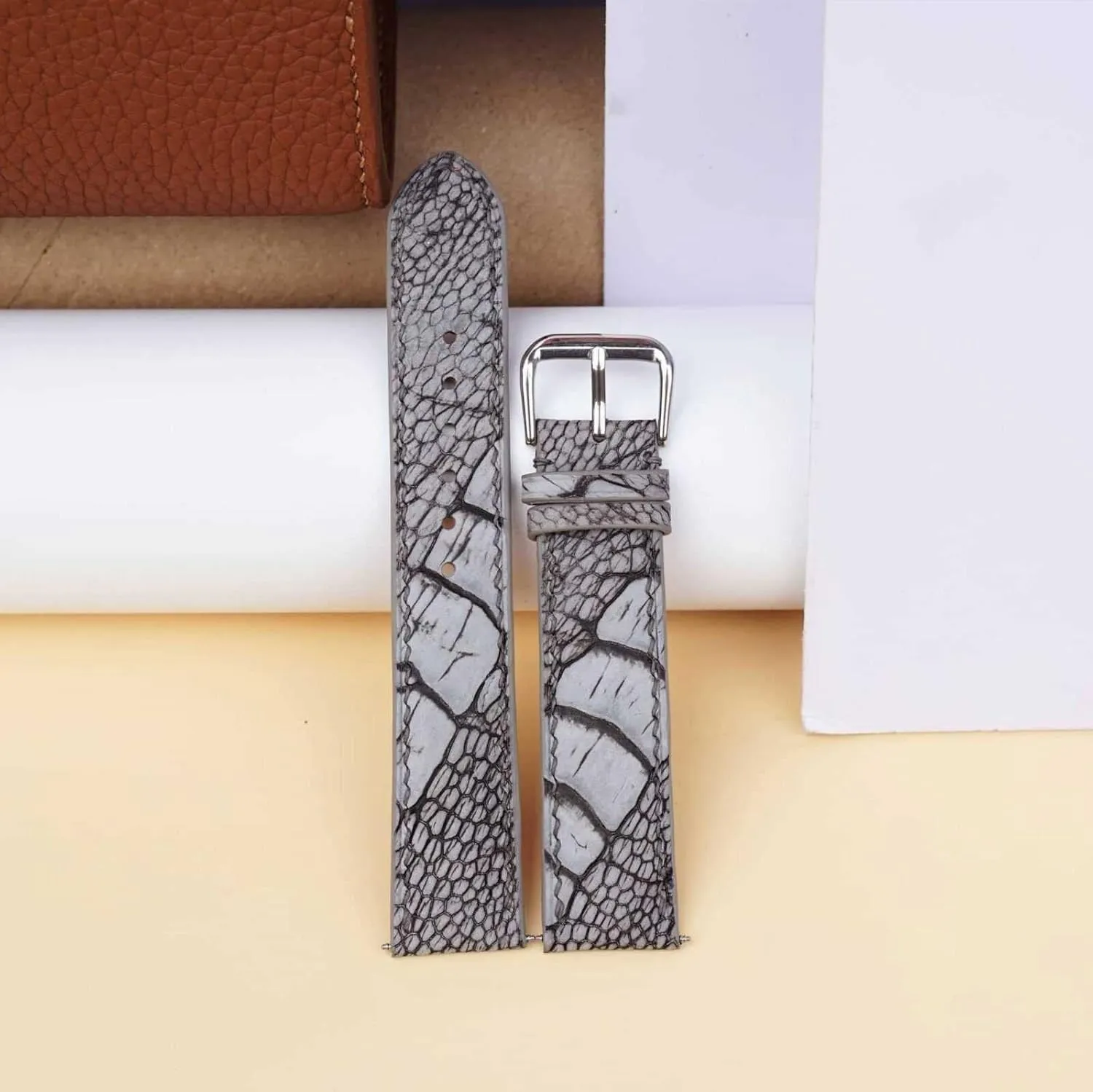 perfume grain pathology timescale inundate leg watch strap (17mm, Steel Tang Buckle) Nubuck Ostrich leather watch band, Premium Grey Ostrich 