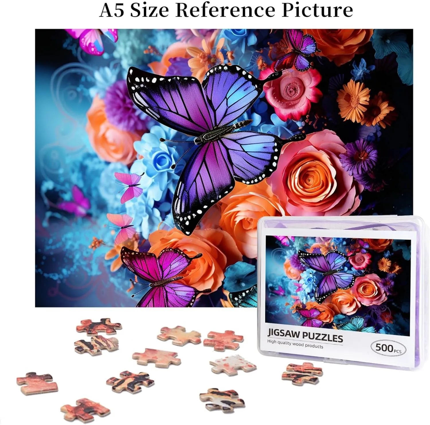 Personalized Picture Puzzle Colorful Flowers and Butterflies Customized hatch Wooden Puzzle for Family$ Birthday$ Wedding$ Game Nights Gifts$ 20.4"x15 500 Piece Jigsaw Puzzle for Adults 