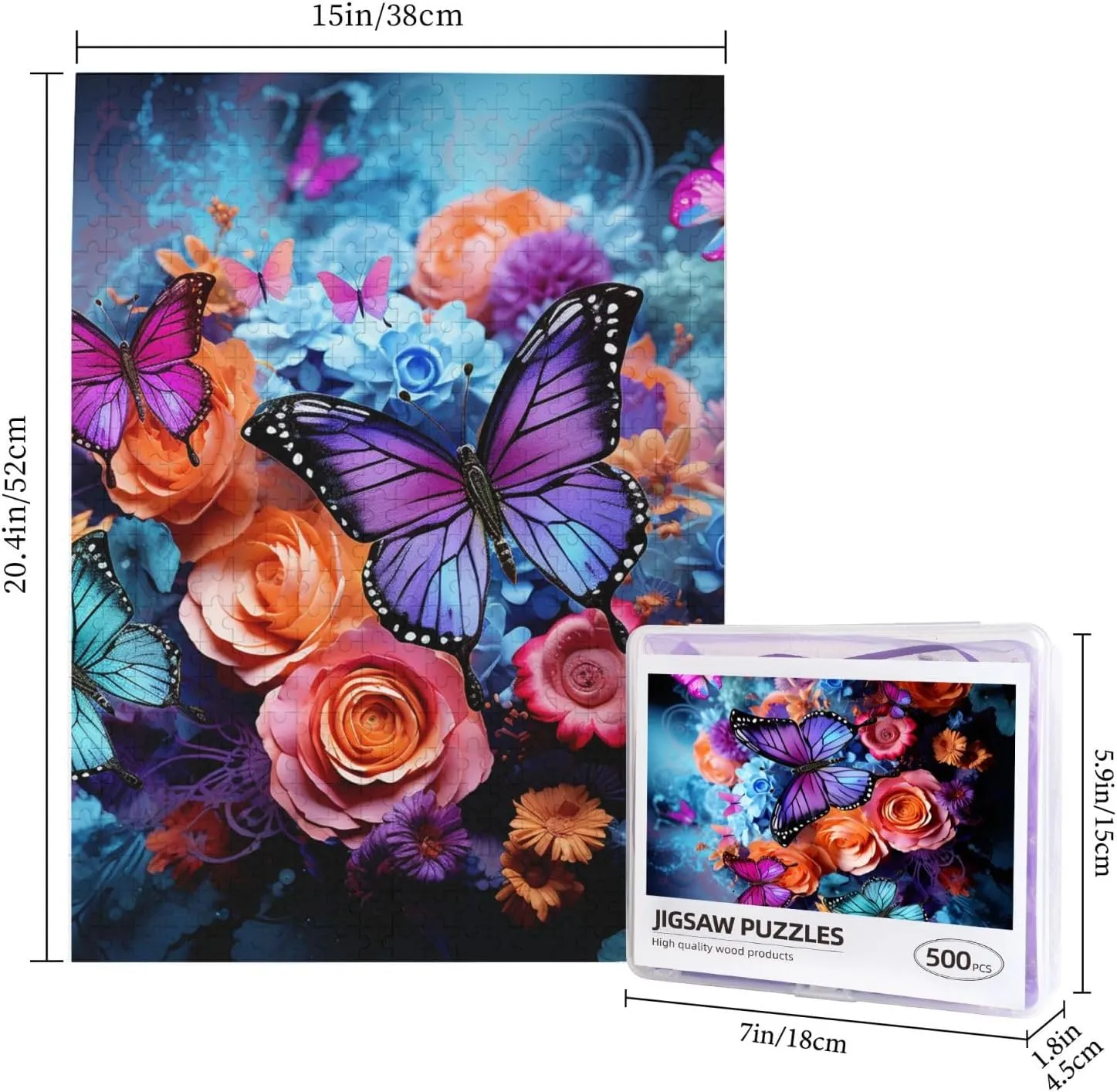 Personalized Picture Puzzle Colorful Flowers and Butterflies Customized hatch Wooden Puzzle for Family$ Birthday$ Wedding$ Game Nights Gifts$ 20.4"x15 500 Piece Jigsaw Puzzle for Adults 